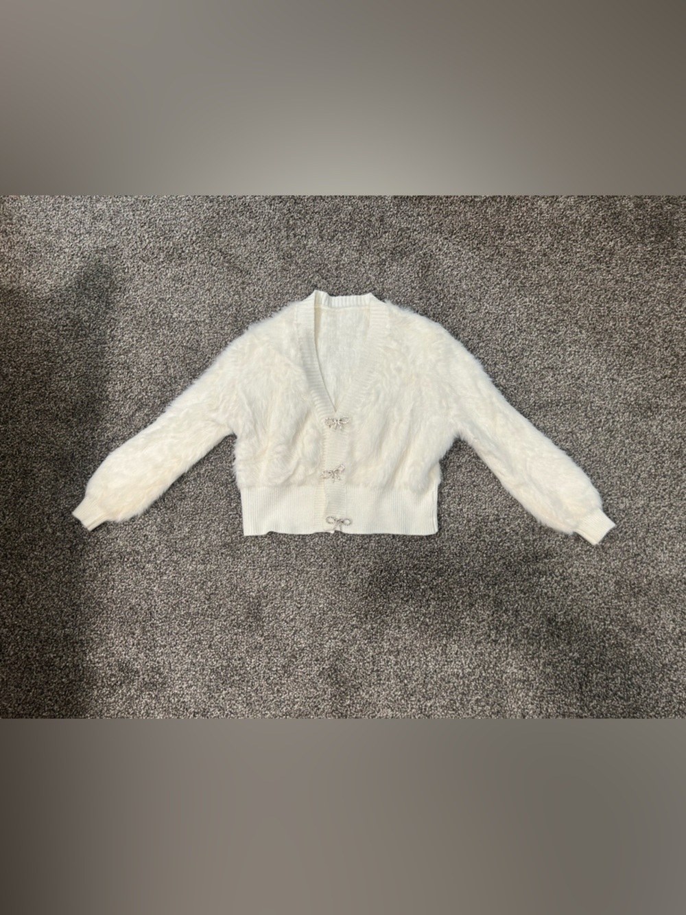 White Fuzzy V-Neck Cropped Cardigan Sweater
